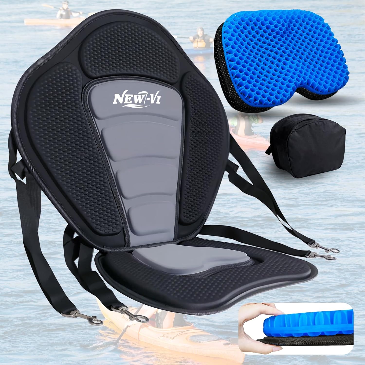 NEW-Vi Deluxe Kayak Seat with Gel Cushion & Storage Bag - Padded Ergonomic Backrest for Kayak, Canoe, SUP, Fishing Boat - Anti-Slip & Waterproof