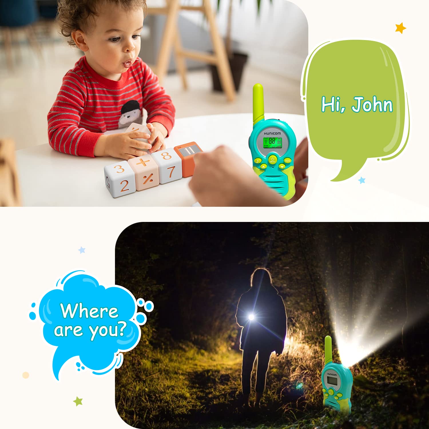 Talkie-walkie rechargeable pour enfants – Jouets électroniques pour garçons et filles, cadeaux d'anniversaire, radio bidirectionnelle avec lampe de poche, écran LCD VOX (rechargeable cyan)