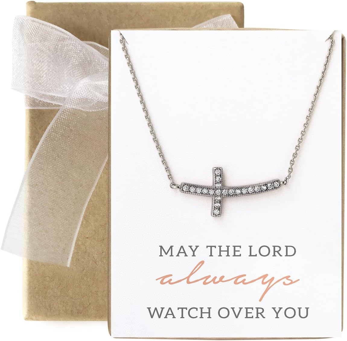 A+O Sideways Cross Necklace, Religious Gift in Silver, Rose Gold or Gold