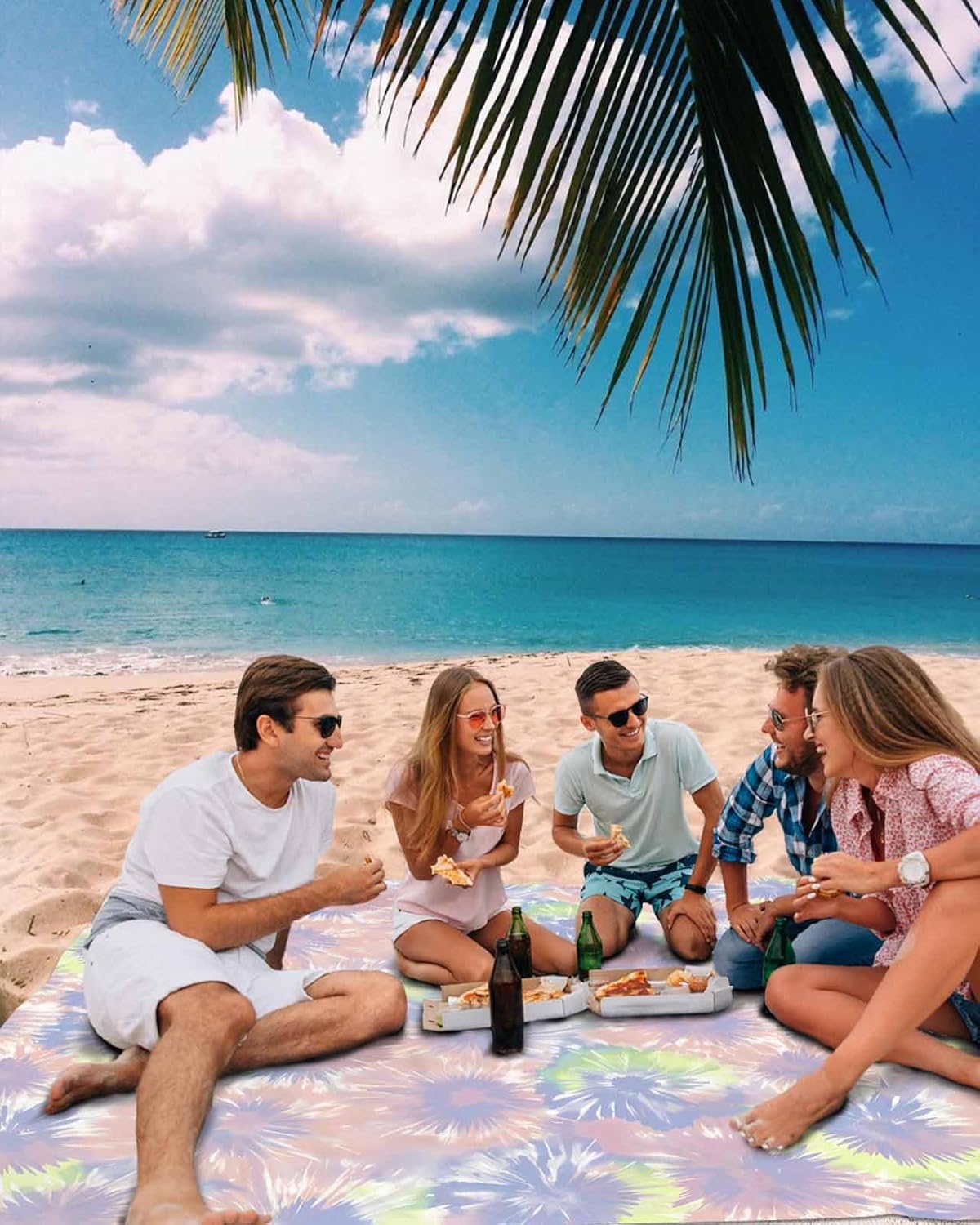 Abstract Colorful Tie Dye Pattern Beach Blanket Waterproof Sandproof Outdoor Picnic Mat 118"x108" Seamless Ethnic Floral Swirl Art Lightweight Large Beach Blankets with 4 Stake & 4 Corner Pockets