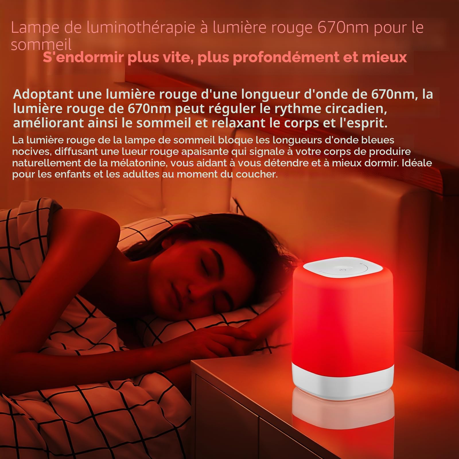 Lampe de thérapie lumineuse rouge pour le sommeil, lumières de nuit rouges avec une longueur d'onde de 670 nm, lampe de nuit rouge pour favoriser une relaxation profonde et améliorer le sommeil pour