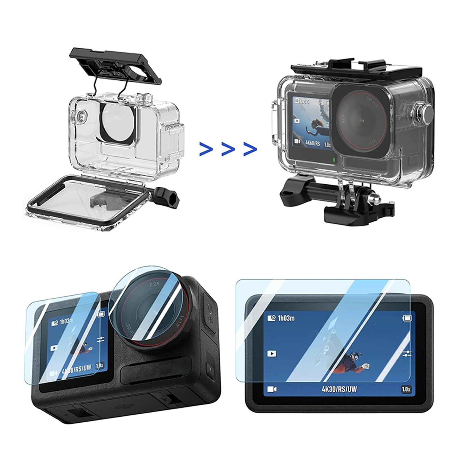 HTU Zestaw akcesoriów 55 w 1, kompatybilny z Osmo Action 5 Pro 4 3, zestaw akcesoriów, torba do noszenia, kijek do selfie, statyw, wodoszczelne etui, 1 zestaw