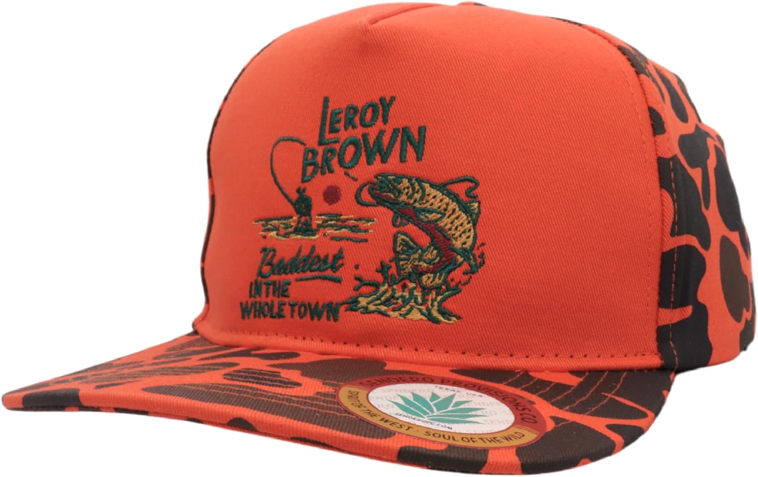 Sendero Provisions Co. Leroy Brown Adjustable Snapback Hat - Orange Camo Printed Pattern, Embroidered Graphic Design, Structured 5-Panel Cotton Twill Cap for Outdoor Adventures-One Size