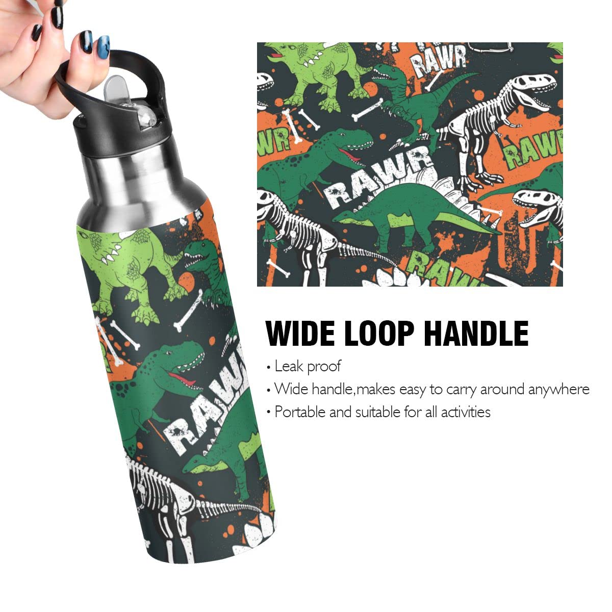 Edelstahl Wasserflasche mit Strohhalm, Cool Dinosaurier Isolierte Trinkflasche Sport Wasserflasche für Kinder Erwachsene, auslaufsicher, 1L