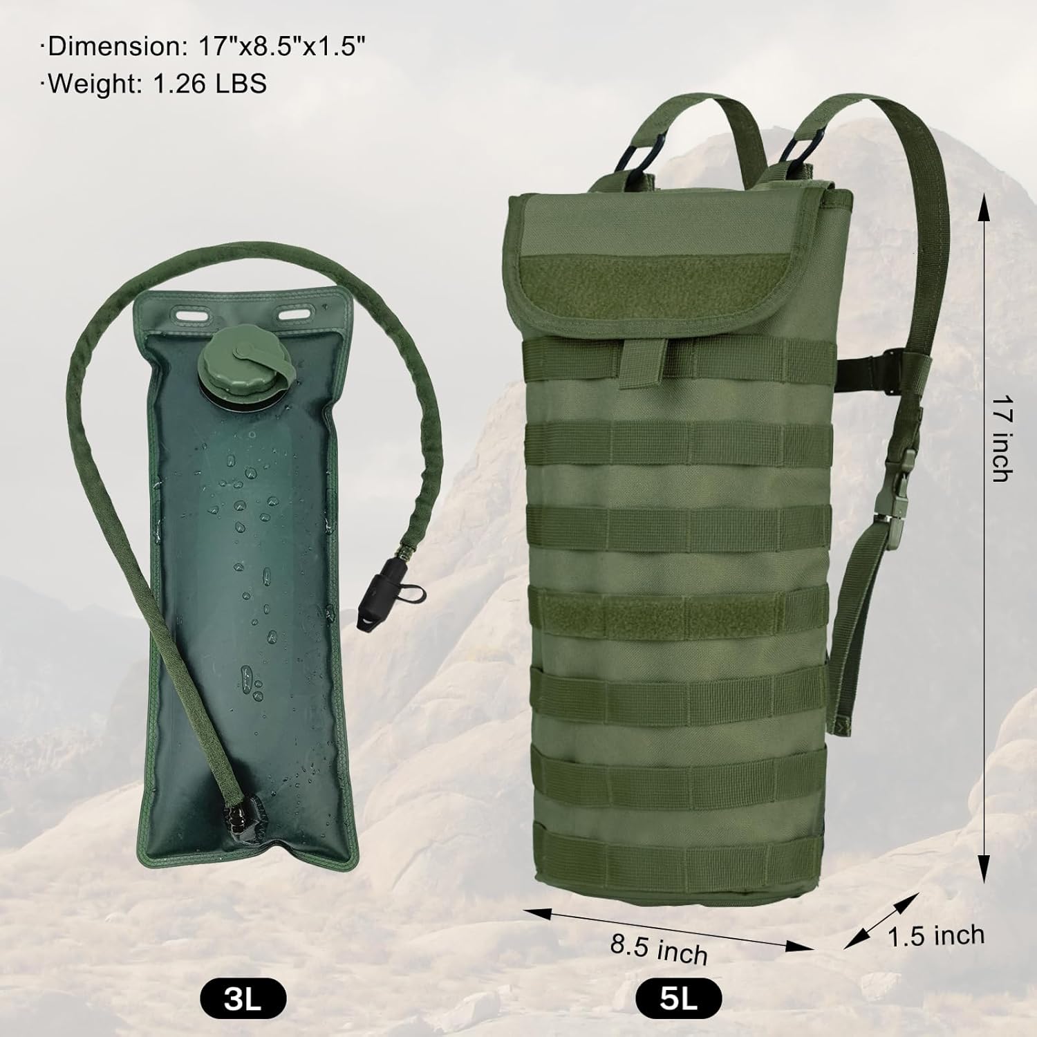 Hannibal Tactical 5L Hydration Pack, Water Backpack with 3L Water Bladder, MOLLE System for Outdoor Hiking, Biking, Running