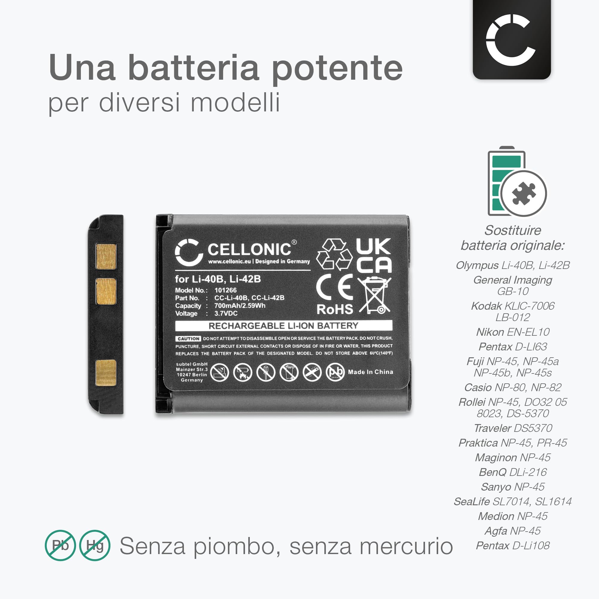 CELLONIC Batteria Per Fotocamera Compatibile BenQ (AE200, E1465, E1480, W1220, E1250 E Altri) - 3.7V Li-Ion 700mAh, Alta Qualità E Sicura