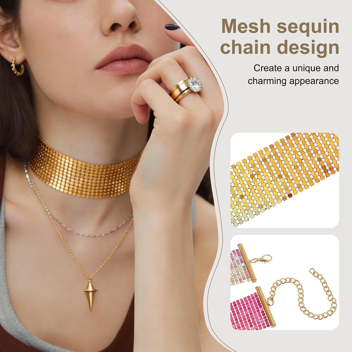 MECCANIXITY 2 Pcs Wide Sequin Necklace, Metal Mesh Shiny Short Collar Necklace Punk Sequins Neck Chain for Women Accessories Party Evening Banquet Daily Dress, Red