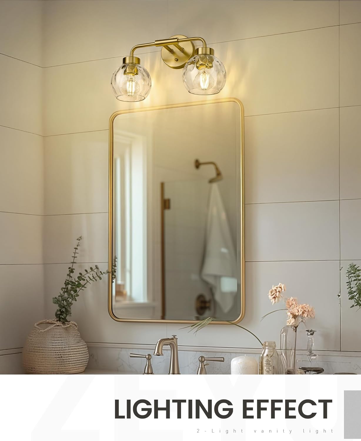 zeyu Globe Bathroom Vanity Light, 2-Light Vanity Light, Bathroom Lights Over Mirror with Water Ripple Globe Glass, Brushed Gold Finish, ZS62BG-2W BG-WG
