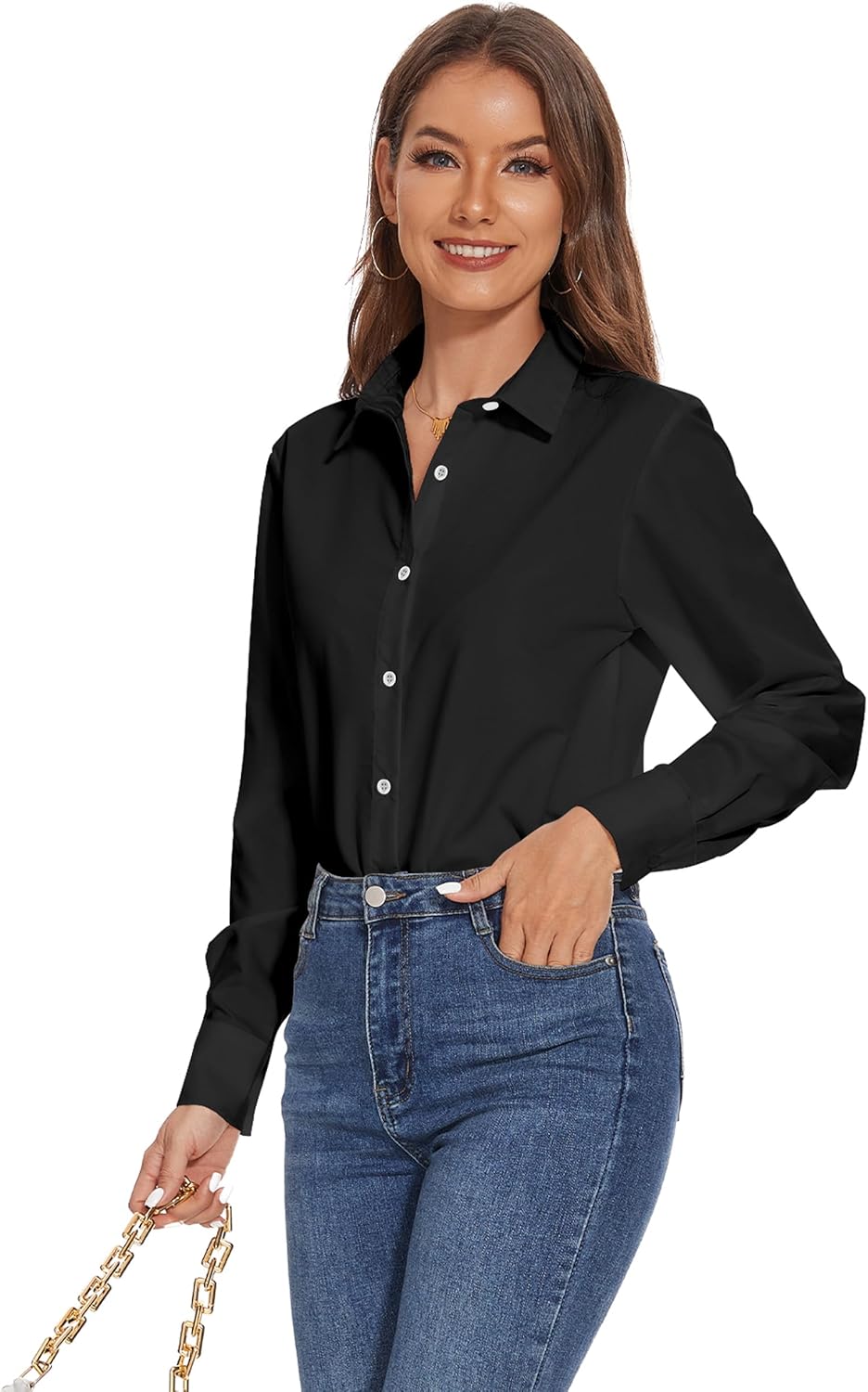 YAMANMAN Women Button Down Dress Shirts Long Sleeve Collared Blouses Wrinkle-Free Solid Work Tops - Image 2