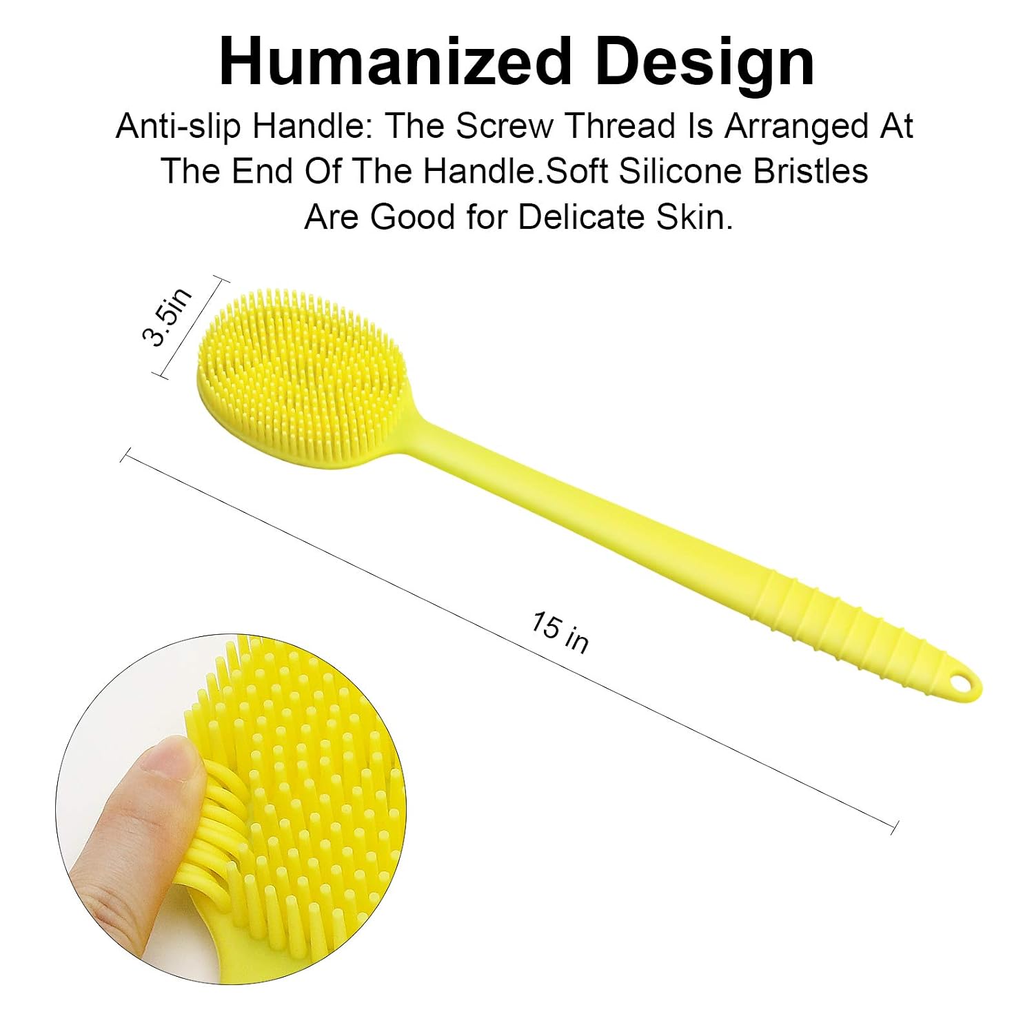 Ultra-Soft Silicone Back Scrubber Shower and Face Scrubbers, Bath Body Brush with a Moderate Length Handle, BPA-Free, Non-Slip (Yellow)