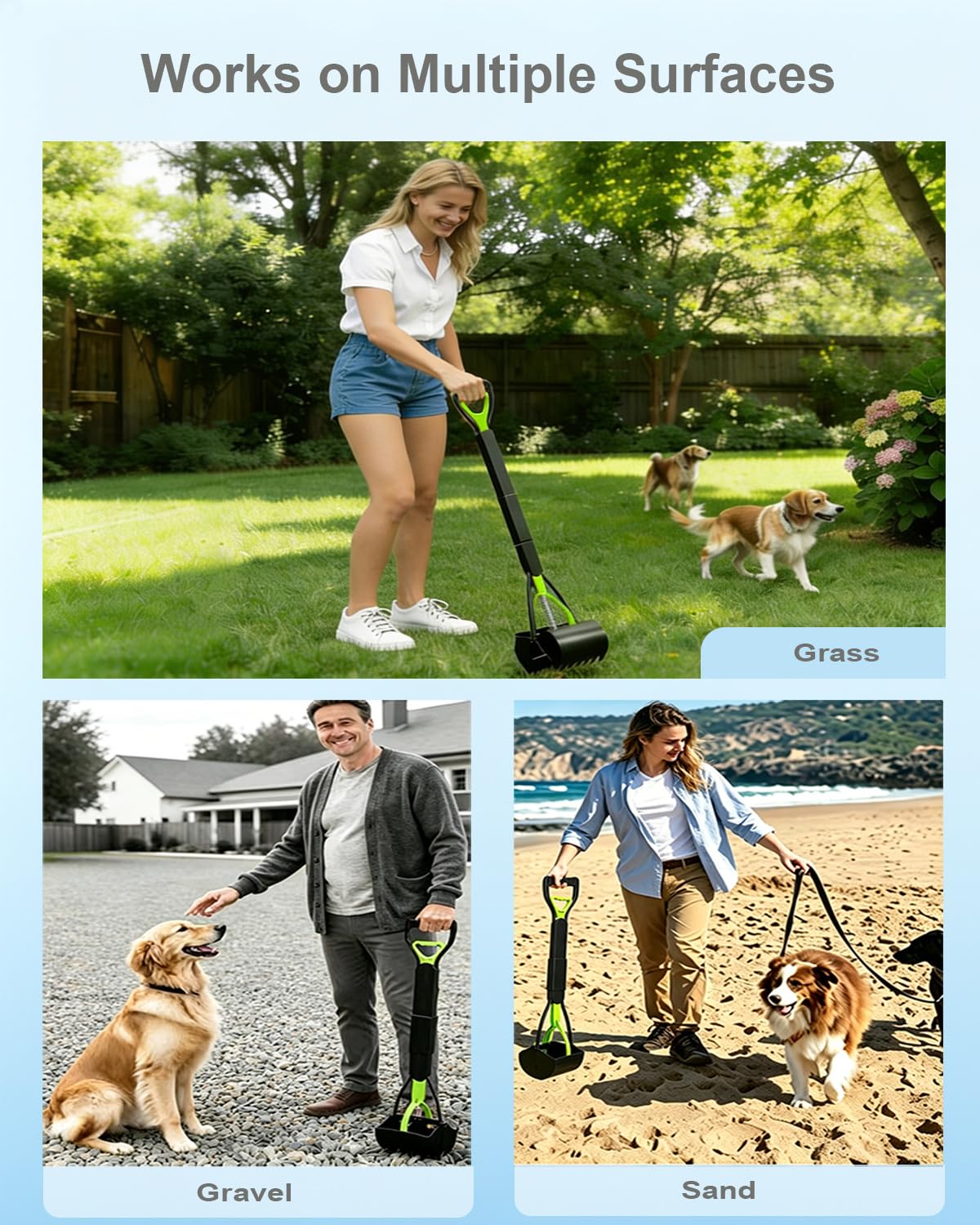 Lot de 2 trottinettes à déjections canines de 81,3 cm de long avec poignée sans contact pour grands chiens et petits chiens, outil portable pour ramasser les déjections canines de grande