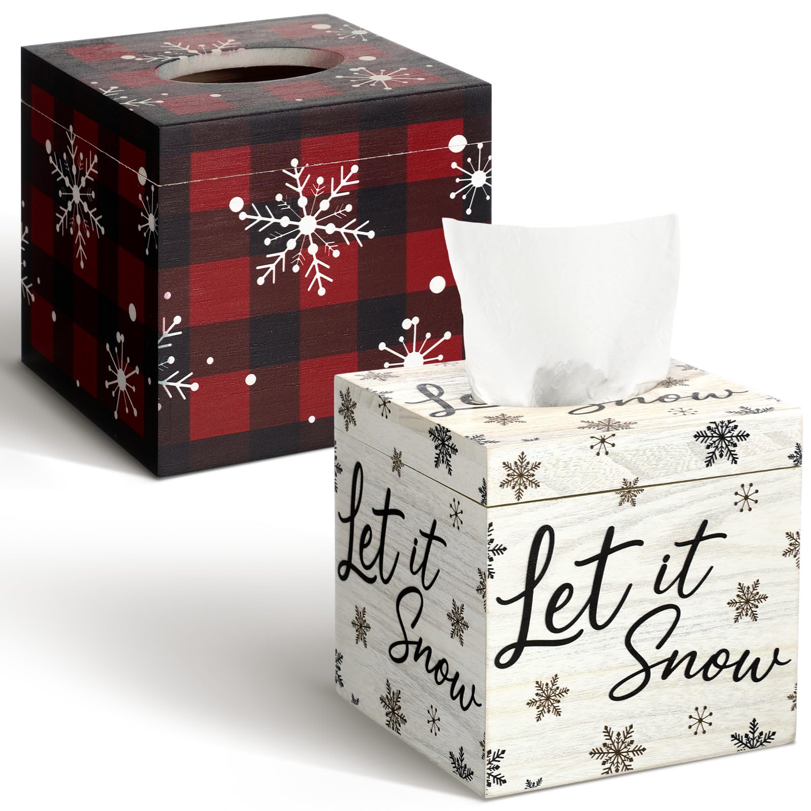 Patelai Copertura per scatola di fazzoletti di Natale, in legno, quadrata, con fiocco di neve, organizer decorativo per l'inverno, da tavolo, comodini, bagno, cucina, auto, ufficio, scrivania