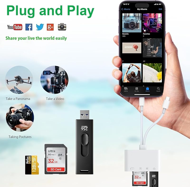 Rocketek 6-in-1 SD Kártyaolvasó iPhone/iPad Készülékekhez - Lightning/USB-C Adapter, PD60W Töltés, Fejhallgató Csatlakozó, USB 3.0