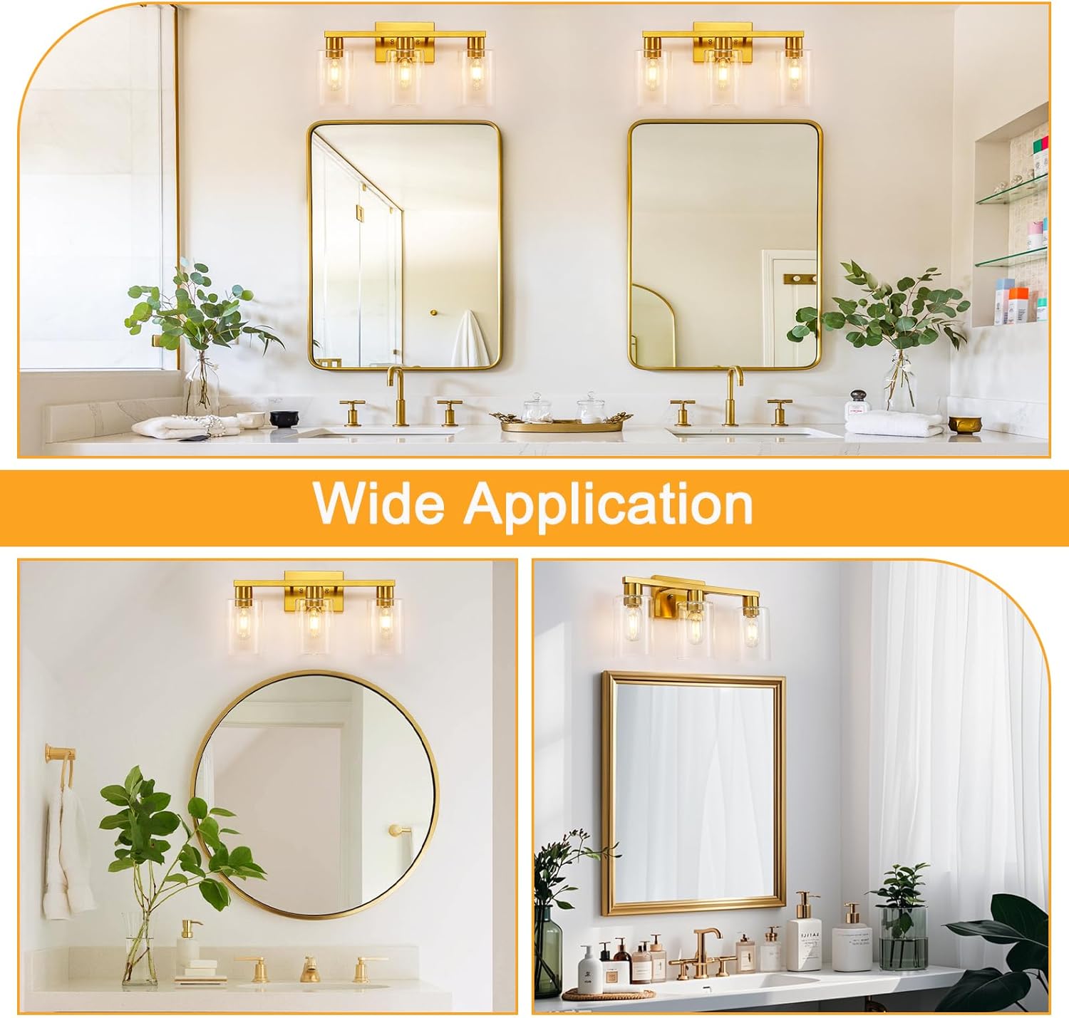 Gold 3-Light Bathroom Vanity Light, Modern Brushed Gold Vanity Lights with Clear Glass Shades, Bathroom Wall Sconce Lamp for Mirror Living Room Bedroom Hallway