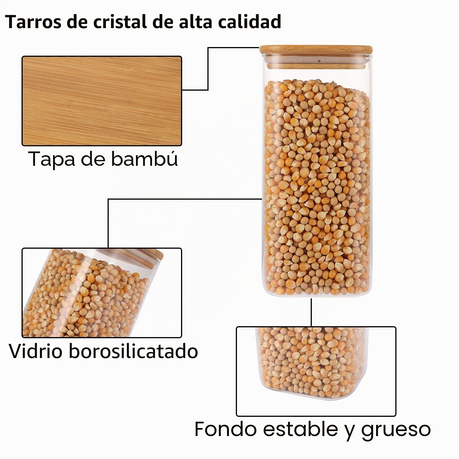 Tarros de Cristal con Tapa de Bambú Herméticos, 4 Botes Cocina Almacenaje 1500ml, Tarro Cristal 1500ml para Alimentos Secos, Vidrio Borosilicato Sin BPA, Transparente y Fácil de Limpiar