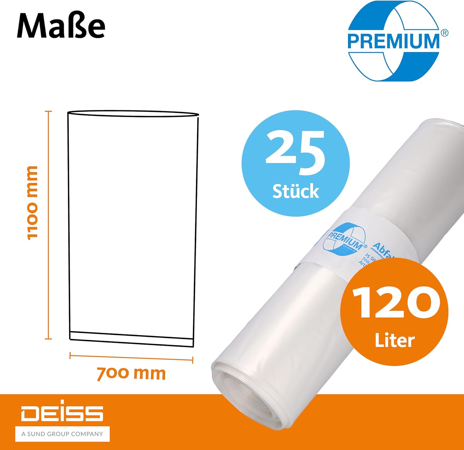 DEISS Abfallsäcke aus Recycling-LDPE 120 L - transparent - B01987KO92 | Rolle (25 Stück)