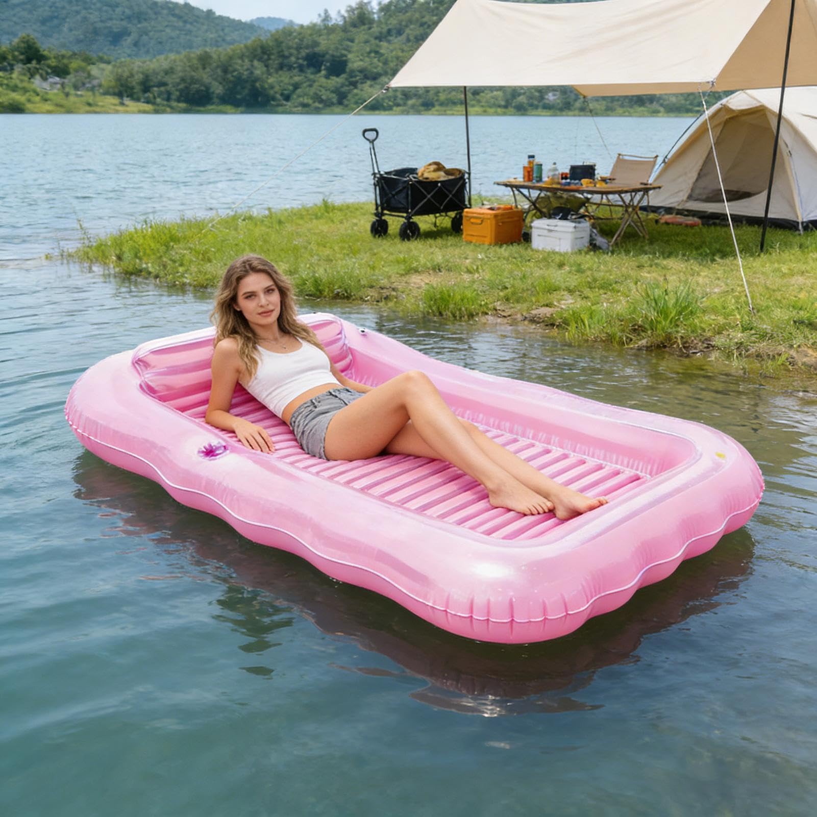 Dmuchany Basen do Opalania z Leżakiem Leżak do Wody i Lądu z Rozpylaczem | Łóżko do Opalania w Wodzie na Basen, Ogród, Plażę, Jezioro, Rzekę, Podróż, Dom