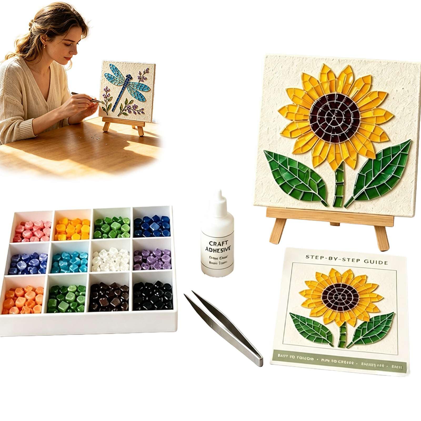 Cottage Garden Mosaic DIY Kit, Watering Can Mosaic Art Kit for Adults & Beginners, Relaxing Craft Hobby Set Includes Vibrant Beads, Glue, Tweezers & Display Easel, Home Table Decor Gift