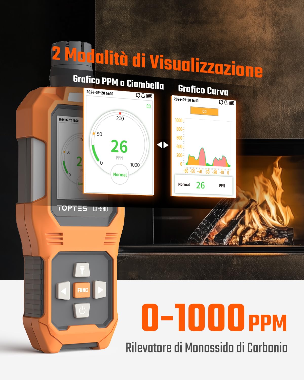 TOPTES CT-580 Rilevatore di monossido di carbonio, rilevatore di CO ricaricabile con allarmi a vibrazione, visivi e acustici, allarme CO portatile, 0-1000PPM per casa, auto, campeggio e viaggi