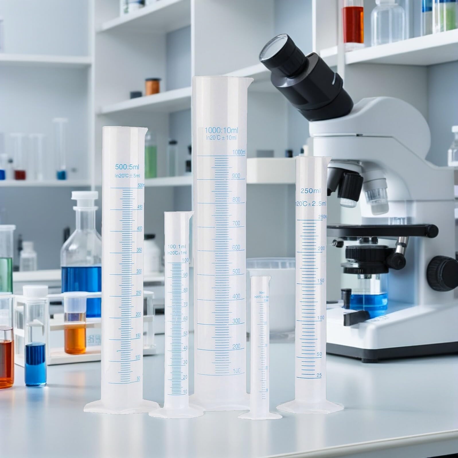 Cilindri Graduati Scala in Plastica, 5 Pezzi da 50 a 1000 Ml, Base Stabile Esagonale, Misurino per Analisi Chimiche e Uso Laboratoriale