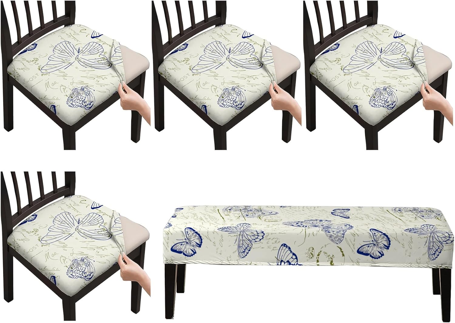 4PCS Stretchable Dining Chair Covers with Bench Cover - Universal Fit Removable Chair Slipcovers for Kitchen Home Living Room Restaurant, Anti-Slip(#K)