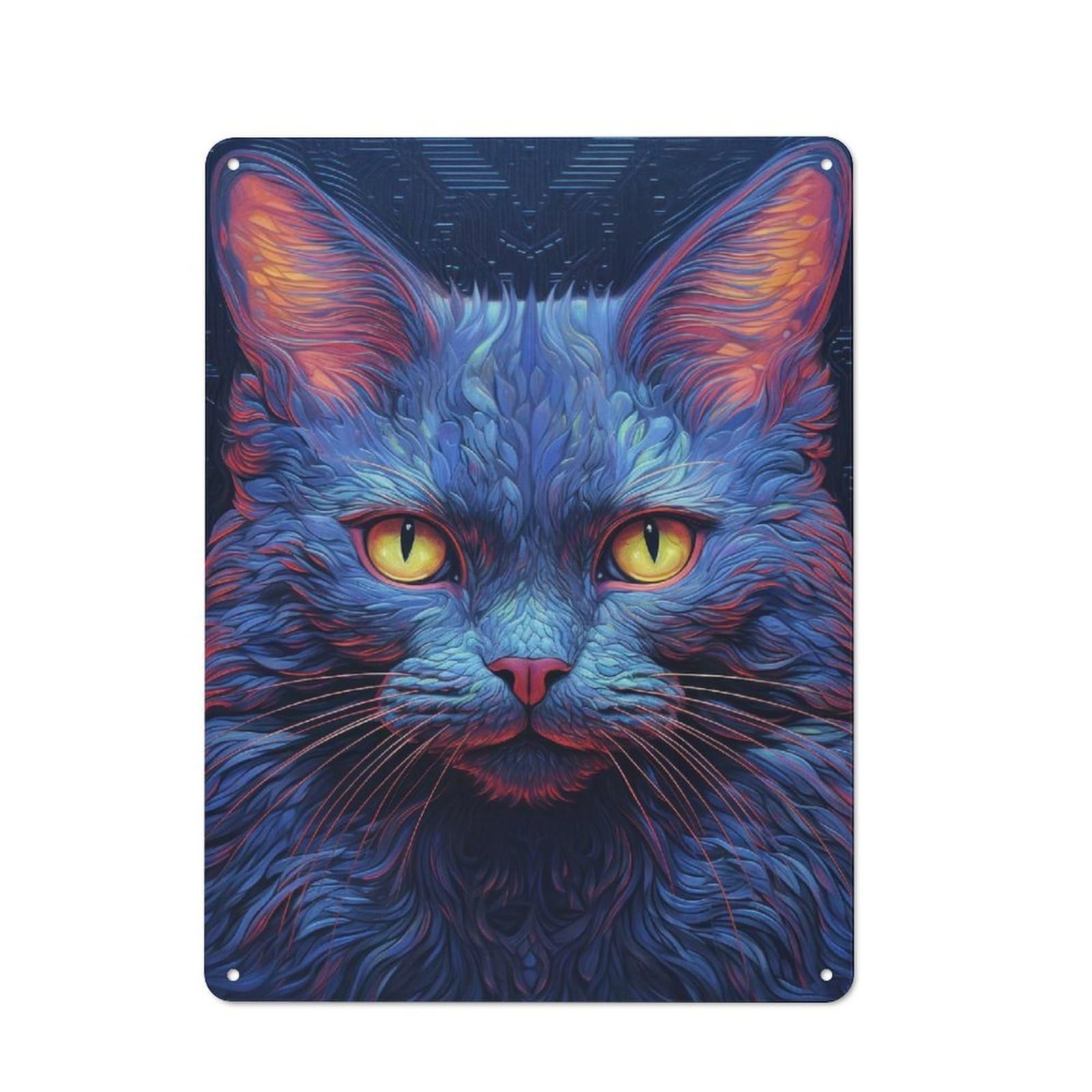 Rustic Blue Neon Cat Closeup Tin Wall Sign 40x30cm, Kitchen Wall Decor for Bakery, Diner, Cafe Or Family Room