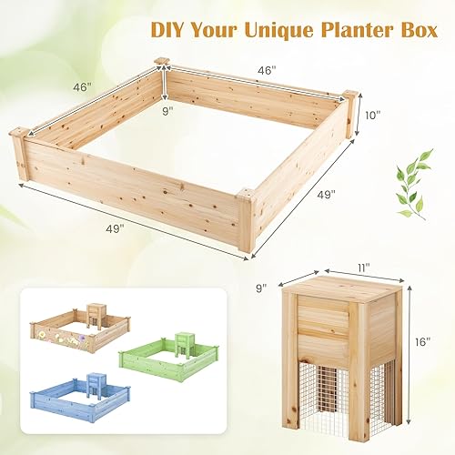 Miniatura 4 de Giantex Cama de jardín elevada, kit de maceta de madera de 49 x 49 x 10 pulgadas con contenedor de abono y parte inferior abierta para verduras,
