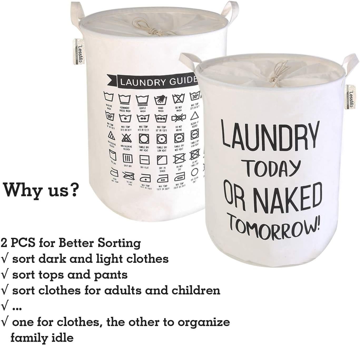 LessMo 2 Pcs 17.7" Laundry Basket, Foldable Laundry Basket Storage Sorter, Drawstring Waterproof Closure for Dust-Proof, for Room, Large Cotton and Linen Fabric