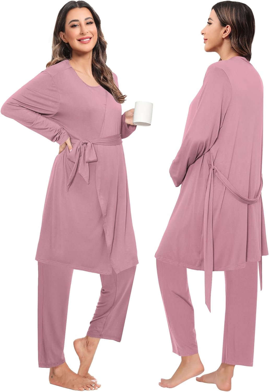 SWOMOG Maternity Nursing Robe Set 3 PCS Postpartum Breastfeeding Pajamas Hospital Pregnancy Pjs Double Layer Lounge Set - Image 5