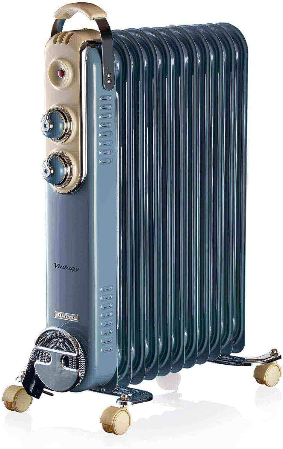 Ariete Vintage Oil Radiator with 11 Heating Elements, Adjustable Temp at 3 Power Levels 1100W, 1500W, 2500W, Swivel Wheels, Fast Room Heater Ideal for Bedroom, Home and Office - Blue ‎ART839/05