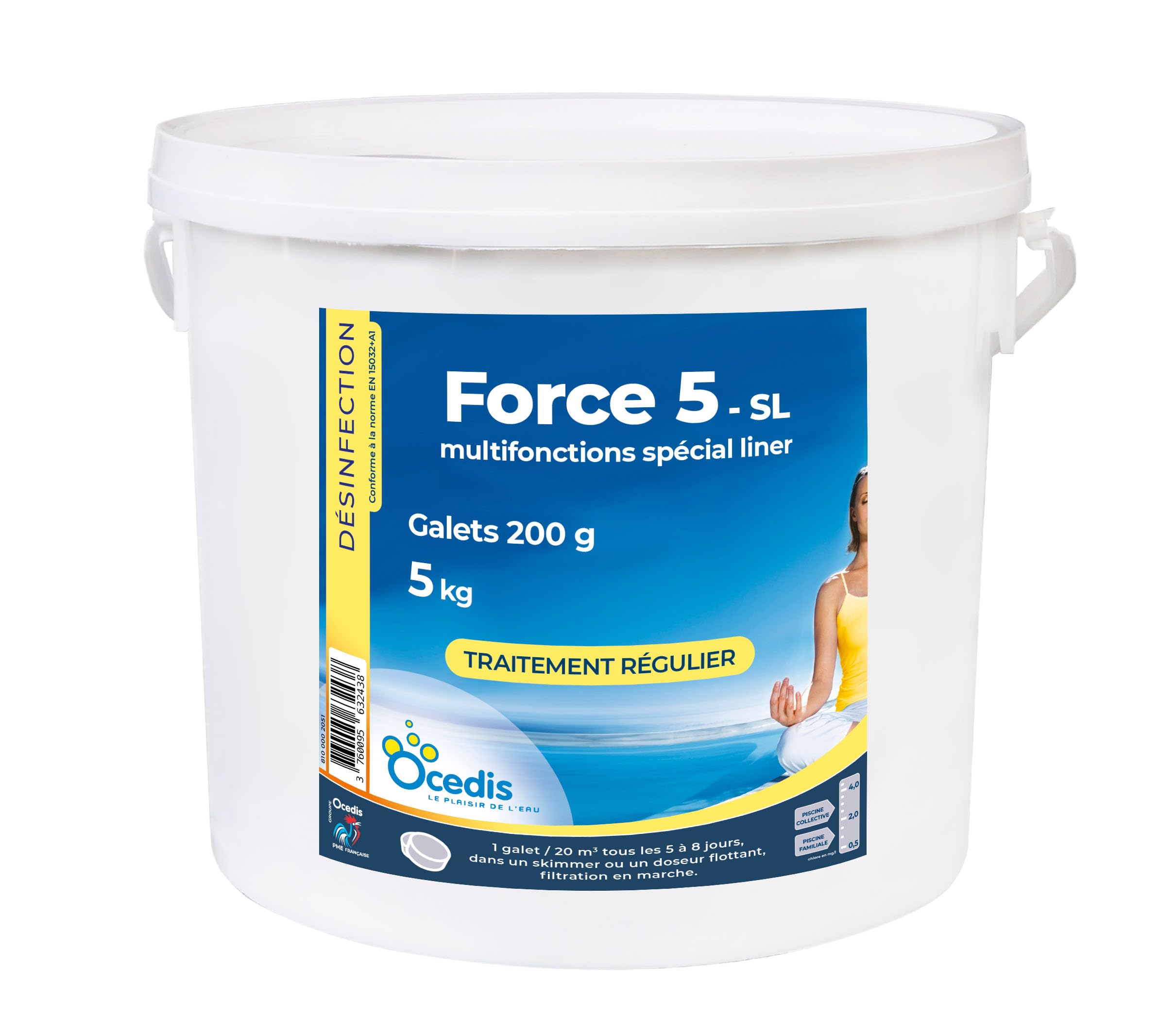 OCEDIS Force 5 - SL Multifonctions Spécial Liner Galets 200g - 5kg | Chlore Lent Stabilisé Multiaction - Désinfection Régulière Multifonction - sans sulfate de cuivre + 10 Tests HPS OFFERTS 6 en 1