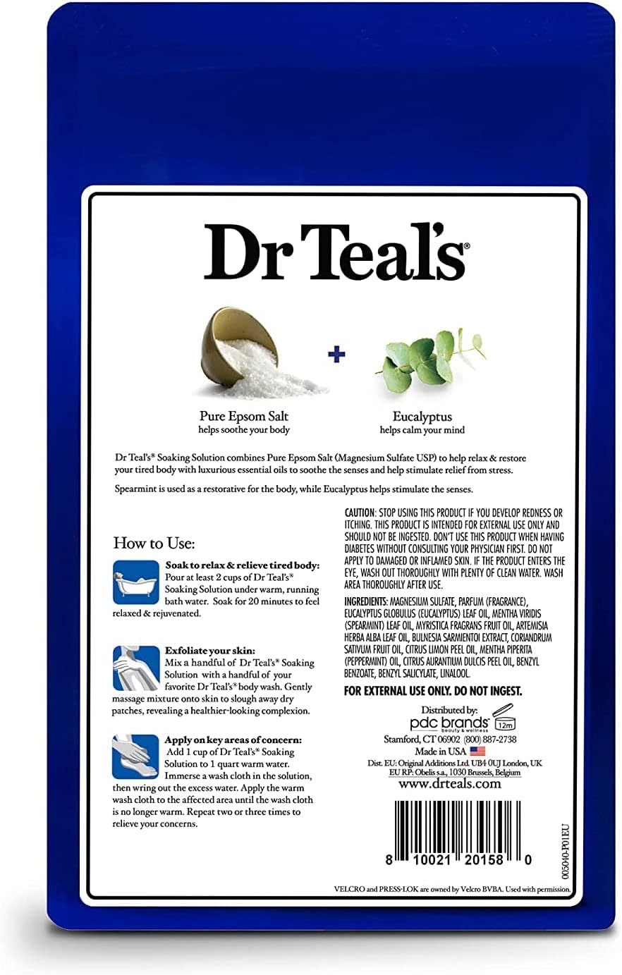 Dr Teal's Pure Epsom Salt Soak, Relax & Relief with Eucalyptus & Spearmint, 3lbs (Pack of 2)