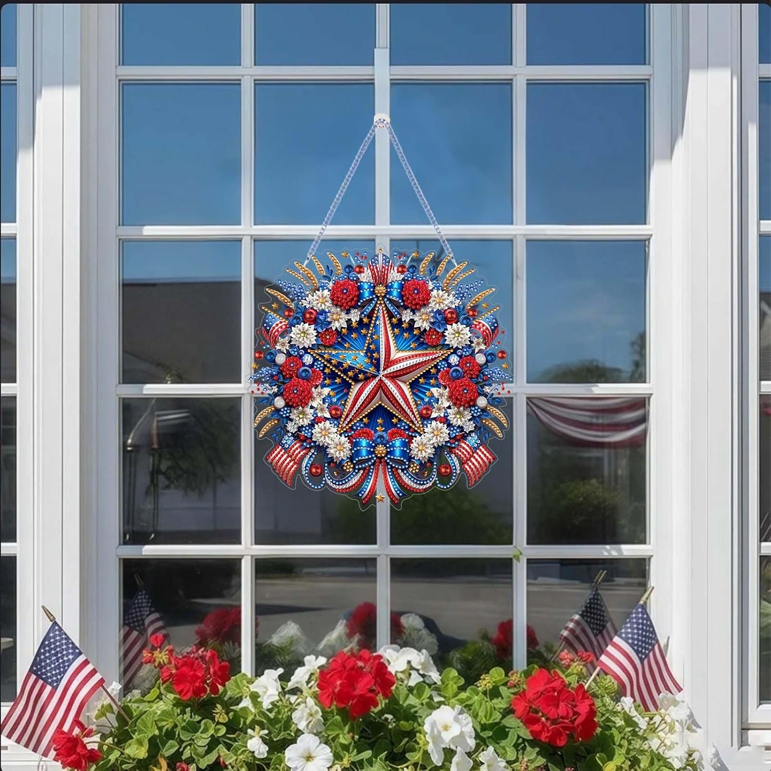 TSRUVYL 250 Anniversary Diamond Art Painting Kit for Adults, Patriotic Flower Garland Diamond Art Hanging Suncatchers, 4th of July Diamond Art Window Door Hanger Board Ornamen Crafts Kit (Garland)