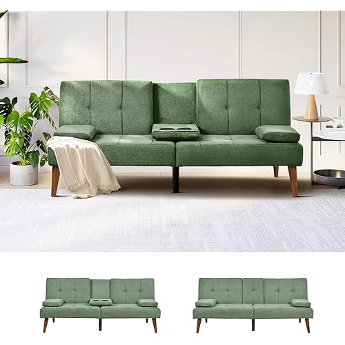 Futon Sofa Bed, 65in Convertible Fabric Sleeper Sofa Bed with Dual Cup Holders and Wood Legs, Comfy Daybed Small Couches for Living Room Bedroom Office Apartment