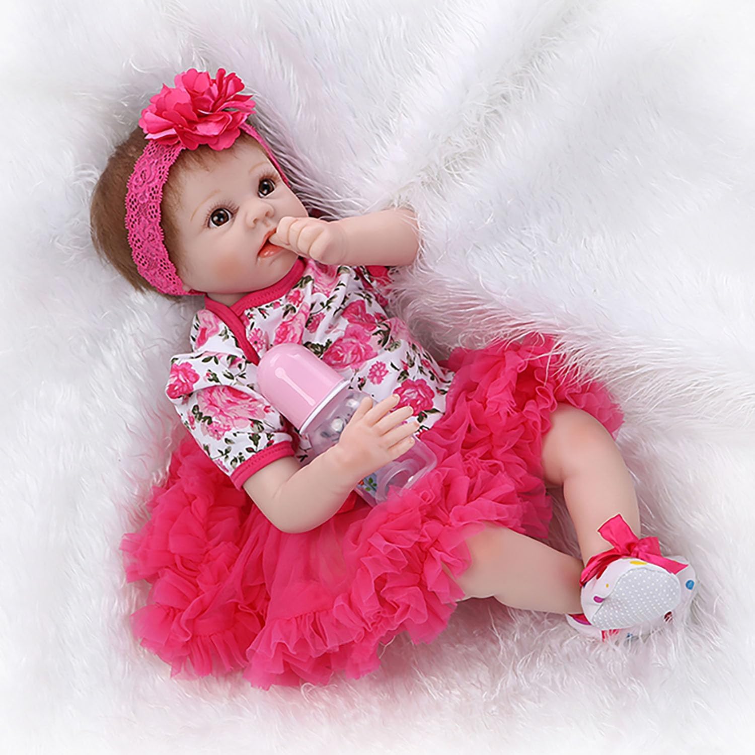Reborn Baby Dolls Clothes Pink Outfits for 20- 22 inch Reborn Doll Girl Newborn Toddler Dolls Matching Clothing Rose Flower Pattern Dress 3pcs Set
