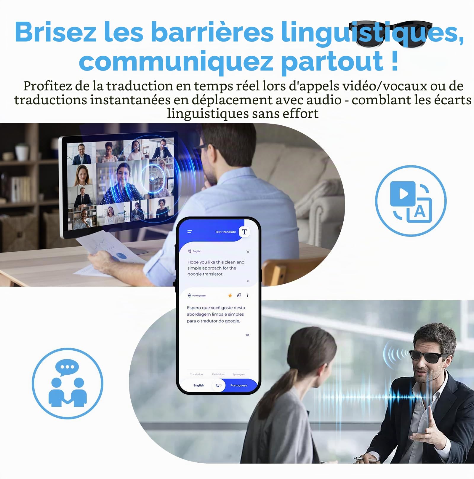 Lunettes intelligentes AI avec ChatGPT et appareil photo 8 MP | Enregistrement vidéo HD, lunettes de soleil avec traduction en temps réel, musique et contrôle vocal, stabilisation EIS | WiFi et