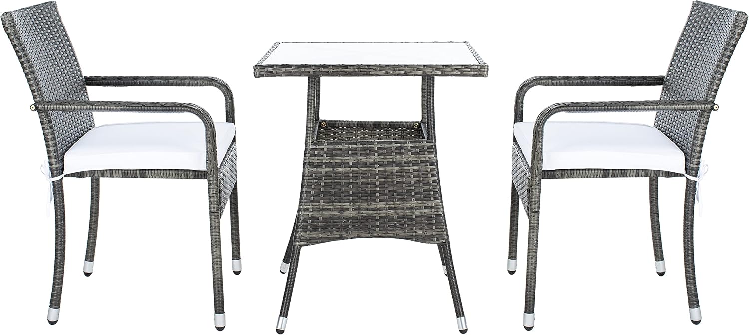 SAFAVIEH Outdoor - Laban 3-Piece Bistro Dining Set - Beige & White - Steel Frame & Faux Rattan - Contemporary Glass-Top Bistro Design - Ideal for Patio, Deck, Sunroom, Dining Area (PAT7718B)