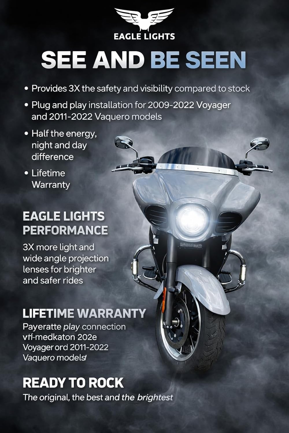 Eagle Lights 7" LED Headlight and Installation Ring for Kawasaki Voyager and Vaquero - Chrome