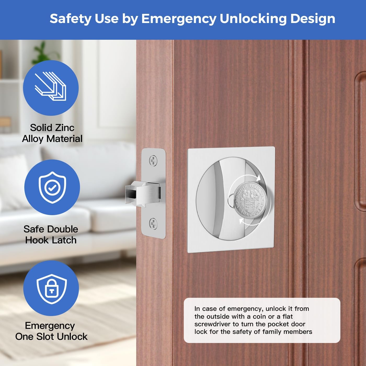 Brushed Nickel Pocket Door Hardware with Privacy Lock & Latch - Contemporary Style Square Pocket Door Lock with Edge Pull (1 Pack)