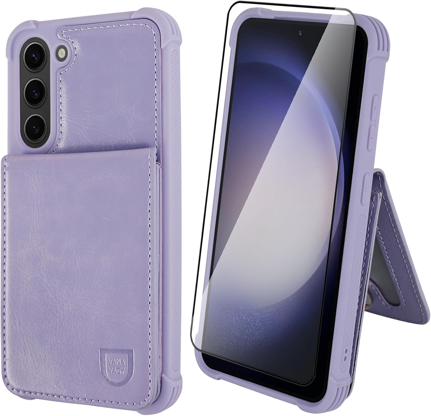 VANAVAGY Compatible for Galaxy S23 Plus Wallet Case with Credit Card Holder, PU Leather Magnetic Clasp Kickstand Flip Phone Case Cover with Coin Pocket Screen Protector,Clove Purple