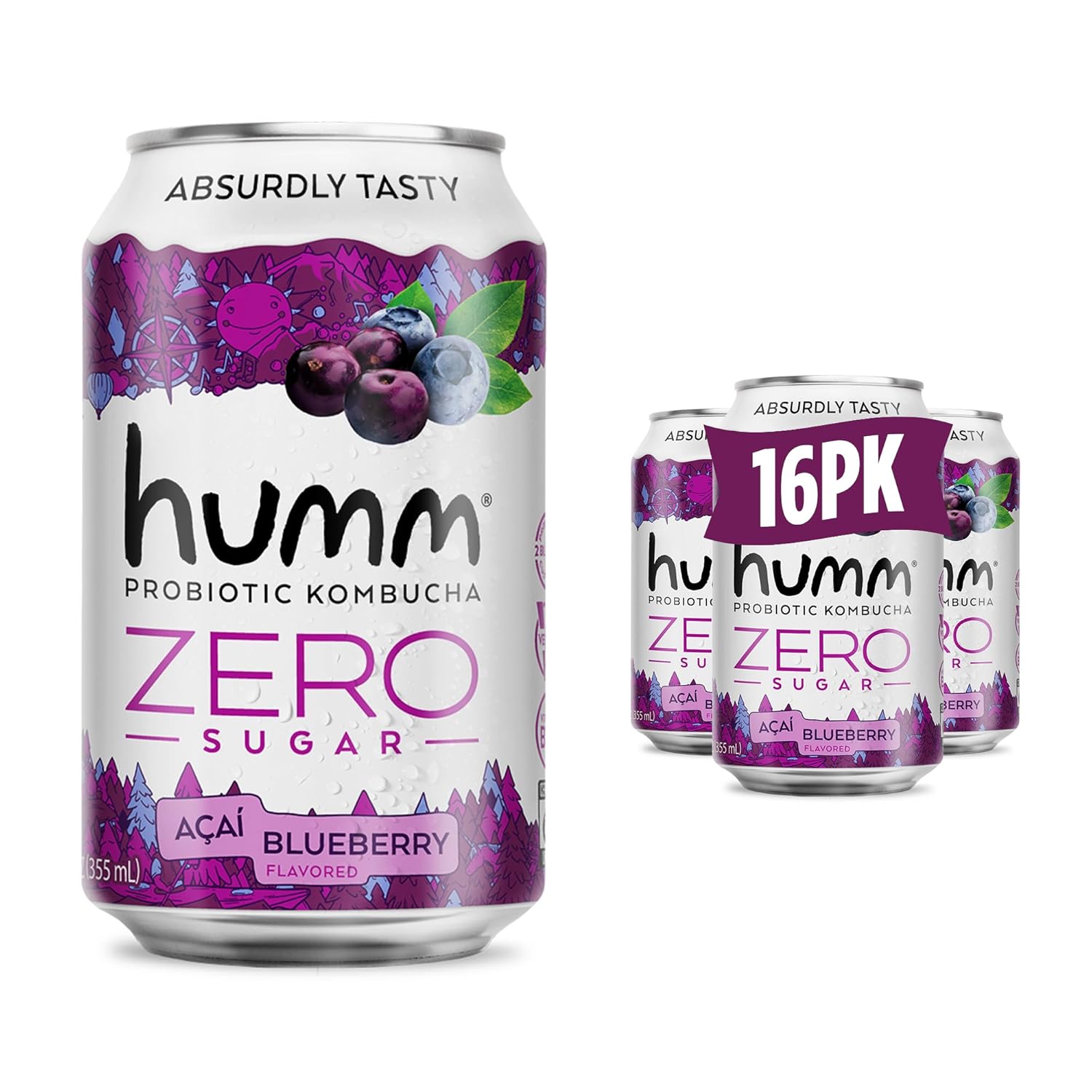 Humm Probiotic Kombucha Acai Blueberry 12oz Cans (16 Pack)