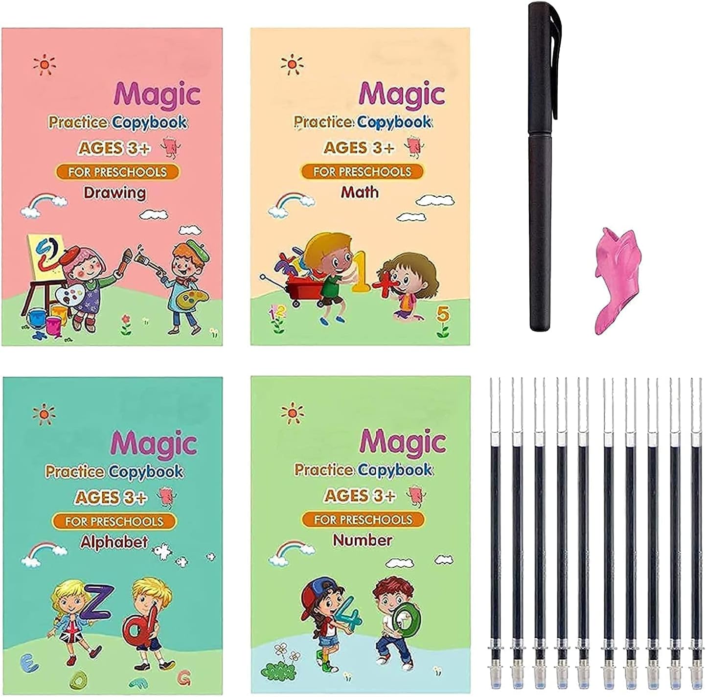 NOG Sank Magic Practice Copybook, 4 BOOK + 10 REFILL+ 1 pen + 1 grip Number Tracing Book for Preschoolers with Pen, Magic Calligraphy Copybook Set Practical Reusable Writing Tool Simple Hand Lettering