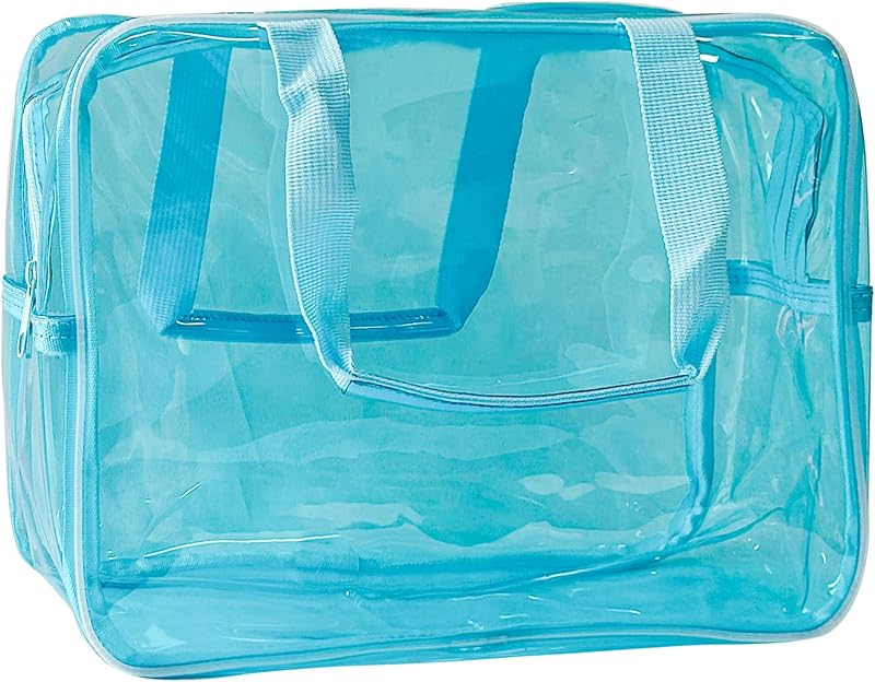 Necessaire TotePrint retangular transparente em PVC azul-celeste com alça