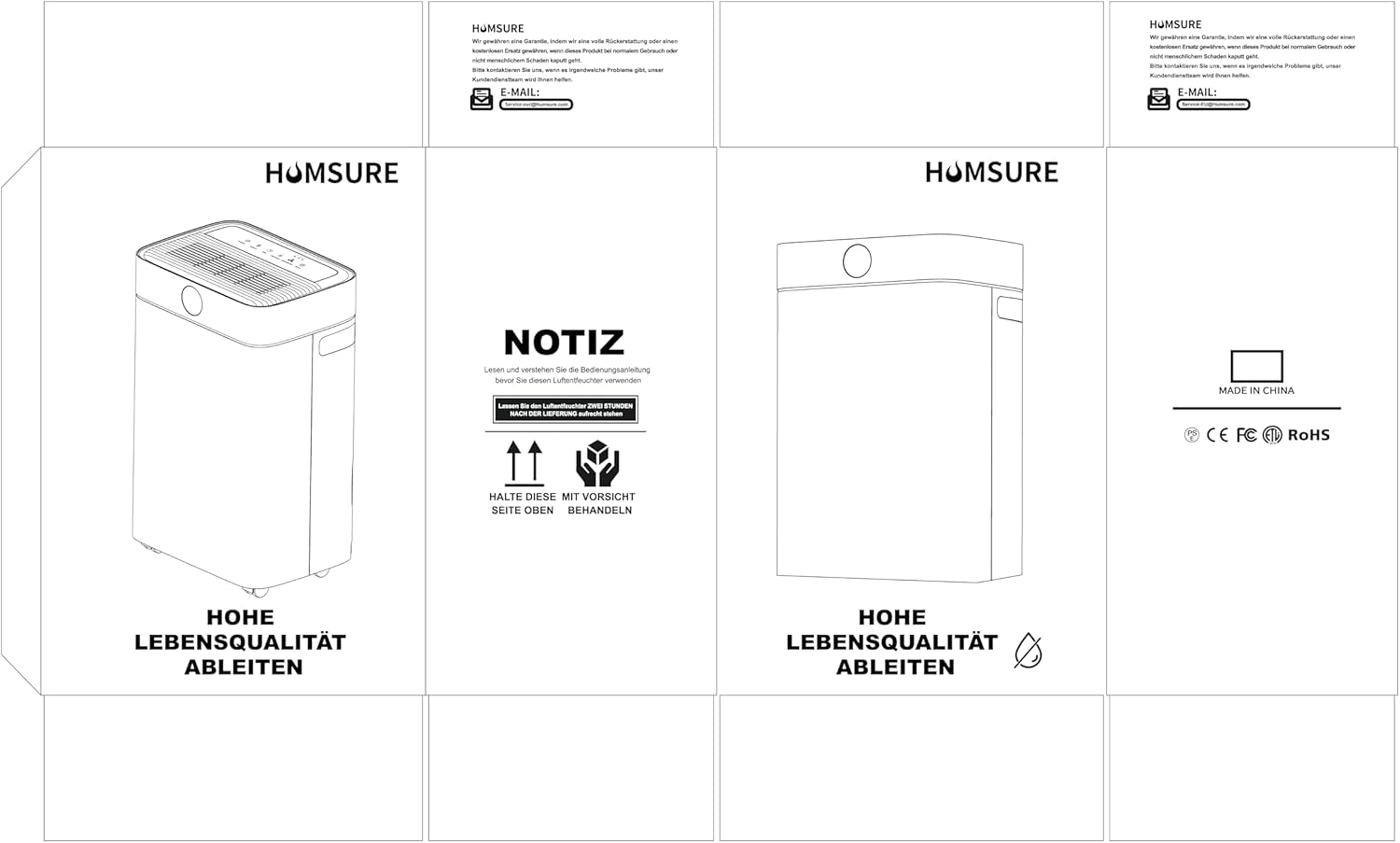 Packaging diagram for HUMSURE Dehumidifier, showing brand logo, model, and contact email for support.