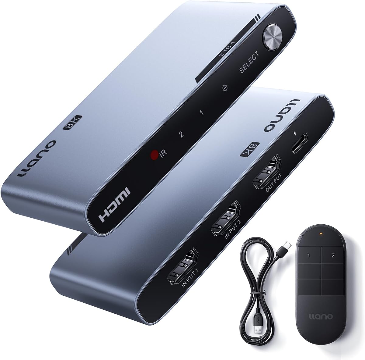 llano HDMI 2.1 Switch 2 in 1 Out, 8K@60Hz with Remote, 4K@120Hz/240Hz, VRR, HDR10+, Dolby Atmos, CEC, 48Gbps,HDMI Switcher for PS5, Xbox, Switch, Roku, Fire Stick, Apple TV, Aluminum Alloy Case