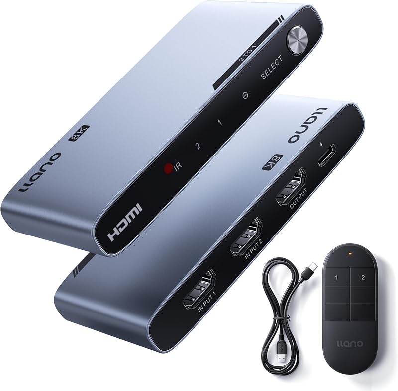 llano HDMI 2.1 Switch 2 in 1 Out, 8K@60Hz with Remote, 4K@120Hz/240Hz, VRR, HDR10+, Dolby Atmos, CEC, 48Gbps,HDMI Switcher for PS5, Xbox, Switch, Roku, Fire Stick, Apple TV, Aluminum Alloy Case