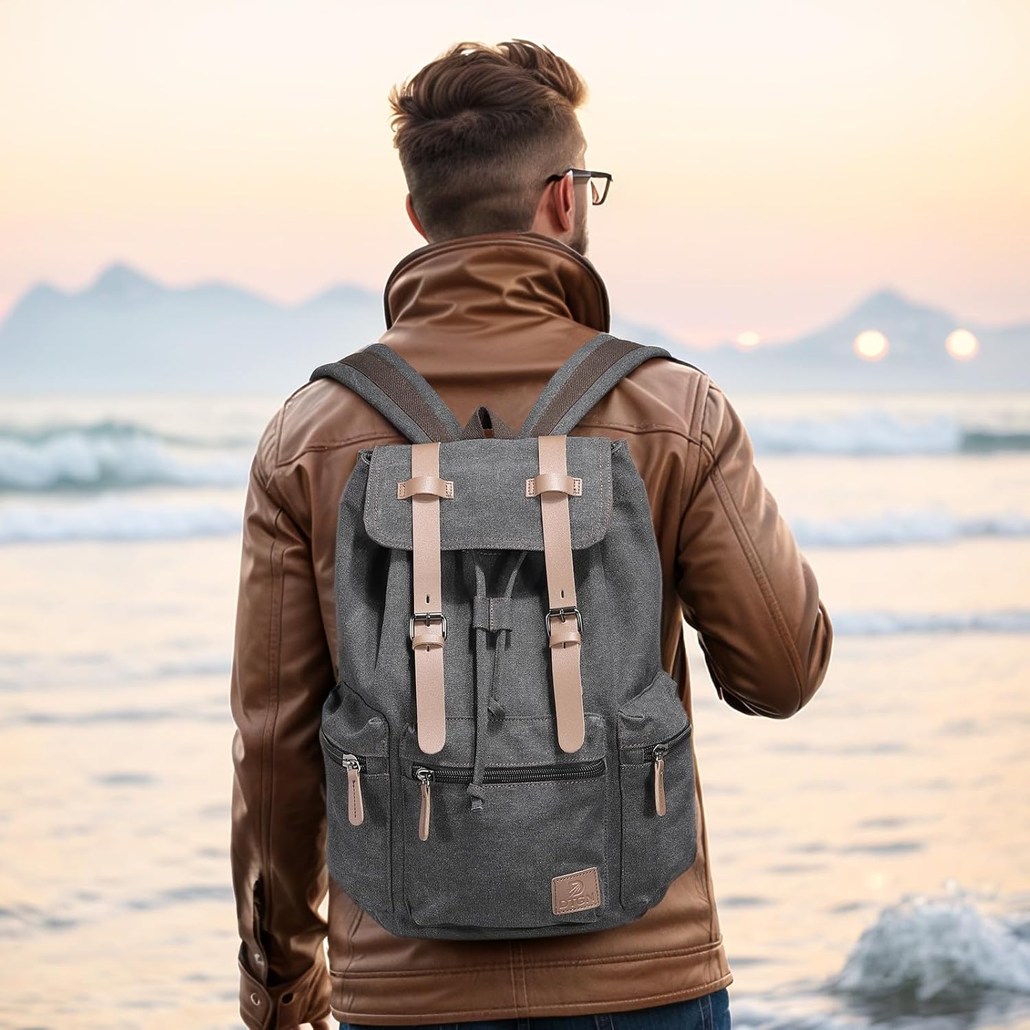 Vintage Canvas Backpack for Men & Women, Durable Casual Daypack with Leather Accent, Fits for College, Work, Travel, & Outdoor, Black - Image 2