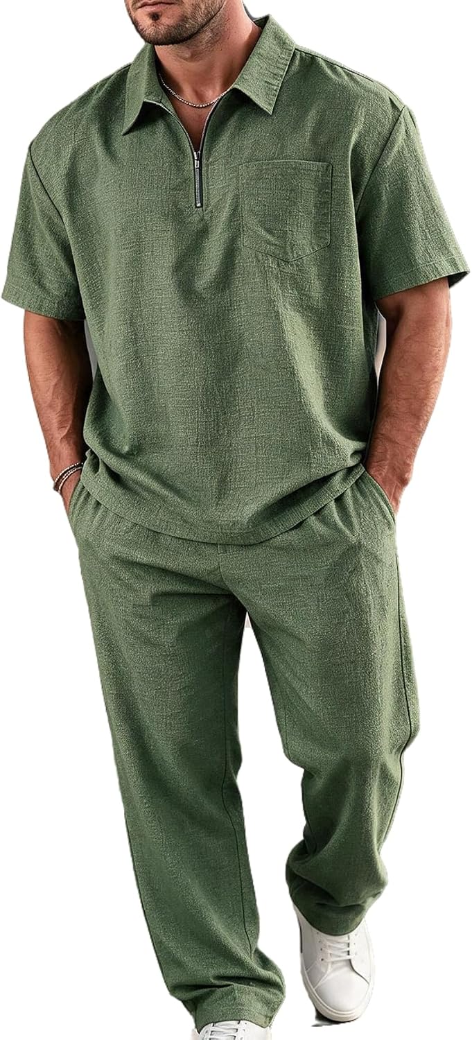 Men Linen Long Sleeved Polo Shirt Sportswear Straight Leg Pants Casual Suit