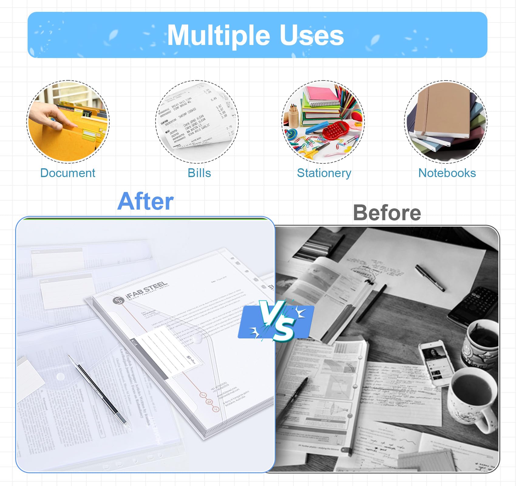 Pack 48 Carpetas Plástico A4 y Mate con Botón, folders transparentes a4 Impermeables, Sobres de Plástico para Oficina, Escuela y Organización de Documentos(11 Agujeros)