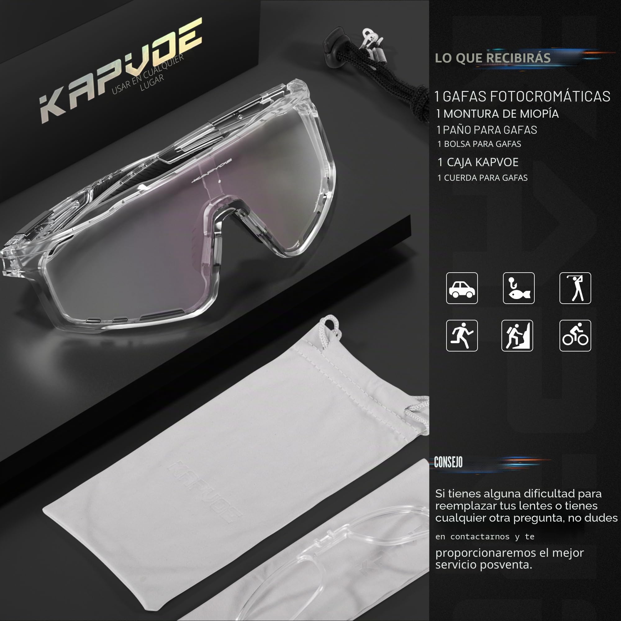KAPVOE Gafas Ciclismo Fotocromáticas Lente y Montura UV400 Color Rosa K76 | Lente & montura fotocromáticas, lente transparente a rosa CAT.1-CAT.2, UV400, almohadilla regulable